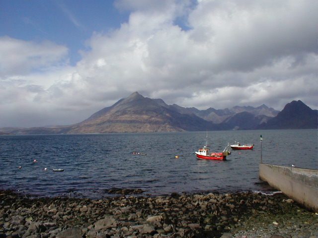 Fishing boats at Elgol with the Cuillin across Loch Scavaig, Isle of Skye