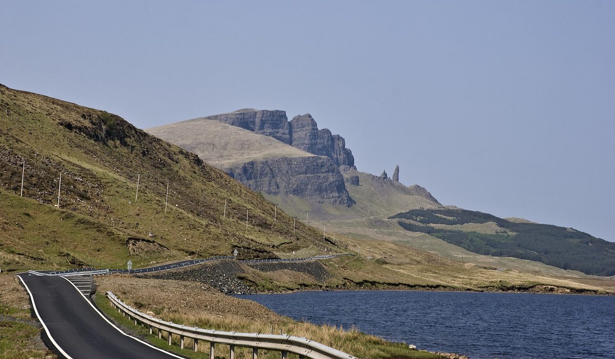 The A855 running below the Storr on the Isle of Skye, the spine of every Trotternish tour route