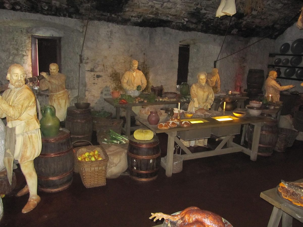 The Great Kitchens at Stirling Castle, laid out as if a royal banquet were being prepared
