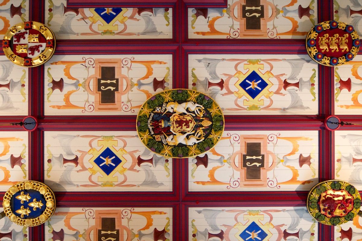 The painted ceiling of the King's Bedchamber in the restored Royal Palace at Stirling Castle