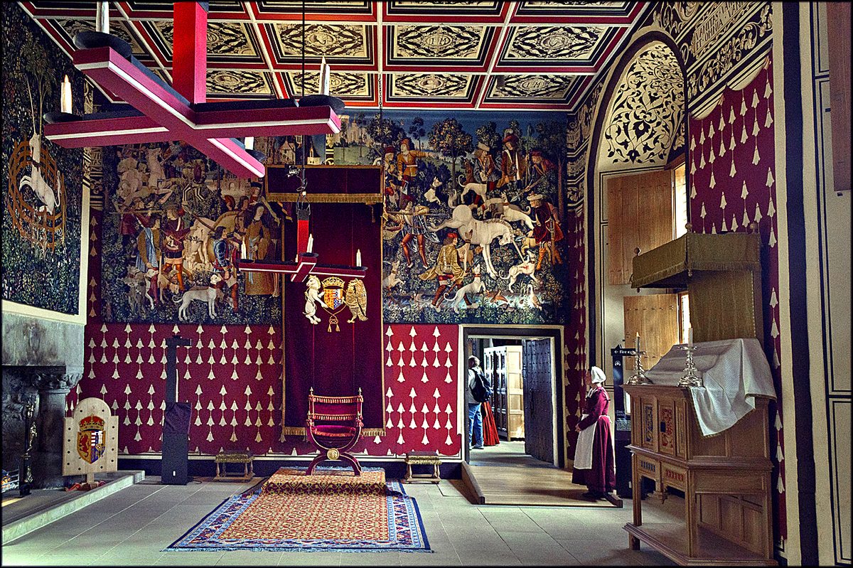 The Queen's Inner Hall in the Royal Palace at Stirling Castle, hung with the Hunt of the Unicorn weavings