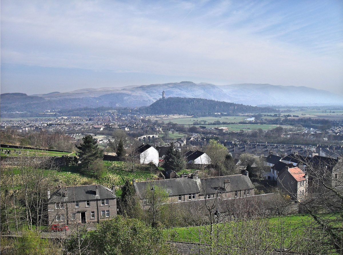 The view from Stirling Castle across the Carse of Forth to the Wallace Monument and the Ochil Hills