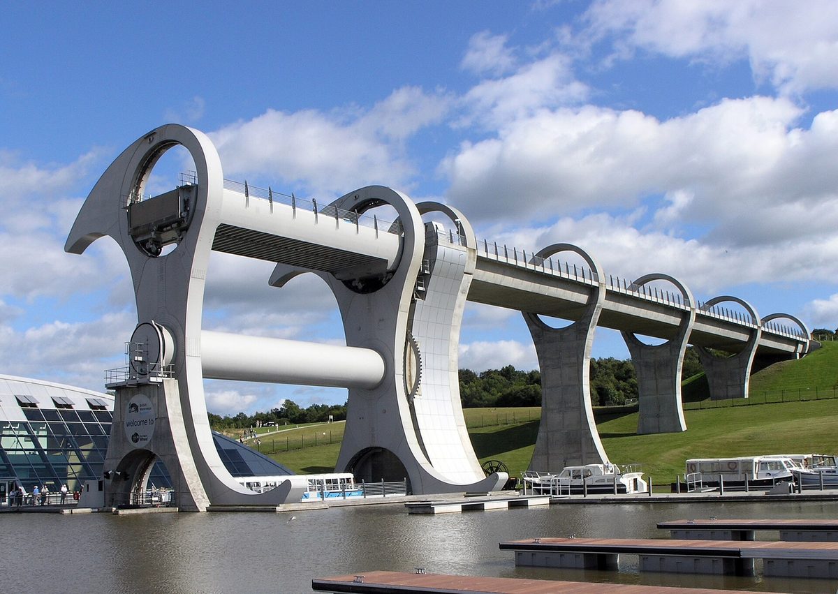 The Falkirk Wheel rotating boat lift, which you can ride for around fifteen pounds or watch turn for nothing