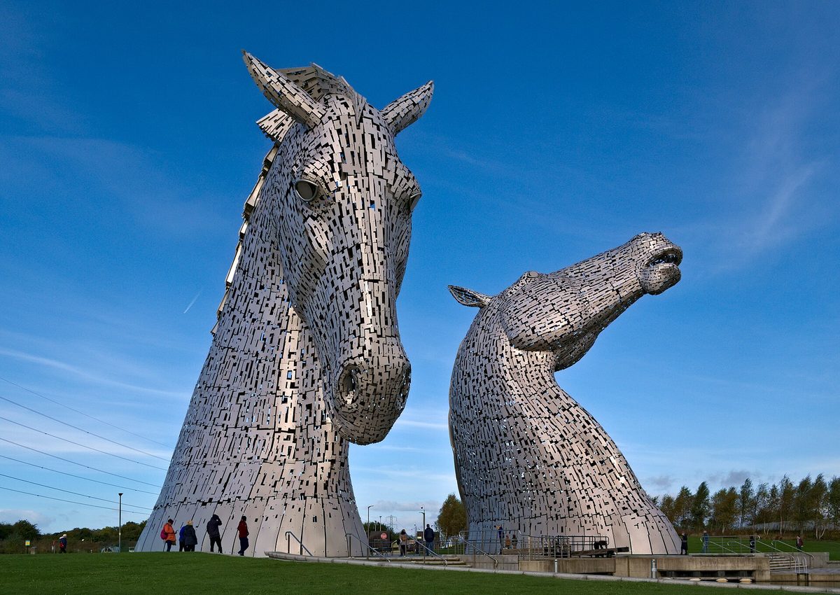 The thirty-metre Kelpies horse-head sculptures at Falkirk, free to walk up to and next to a playpark