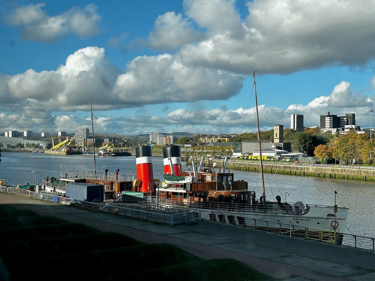 The seagoing paddle steamer Waverley berthed on the River Clyde in Glasgow, still running summer sailings