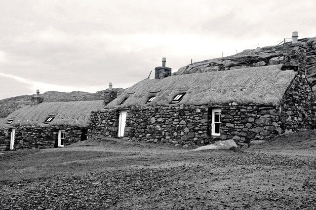Thatched blackhouses at Gearrannan on the Isle of Lewis, now let as self-catering cottages
