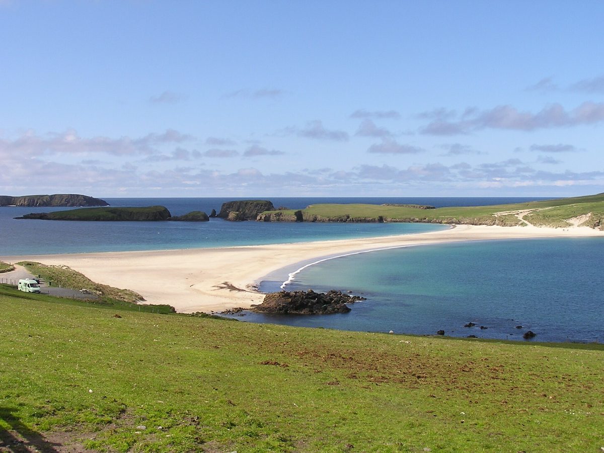 The sand tombolo linking St Ninian's Isle to mainland Shetland, walkable at most tides