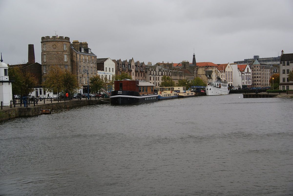 The Shore in Leith, Edinburgh, lined with restaurants beside the Water of Leith