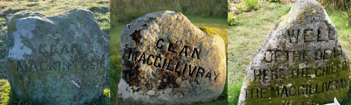 Clan Mackintosh, Clan MacGillivray and Well of the Dead marker stones at Culloden
