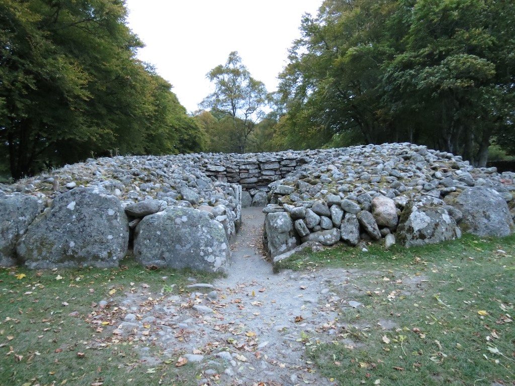 A chambered burial cairn ringed by kerbstones at Balnuaran of Clava near Inverness