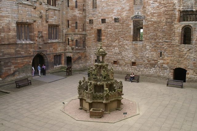 The roofless courtyard and fountain of Linlithgow Palace in West Lothian