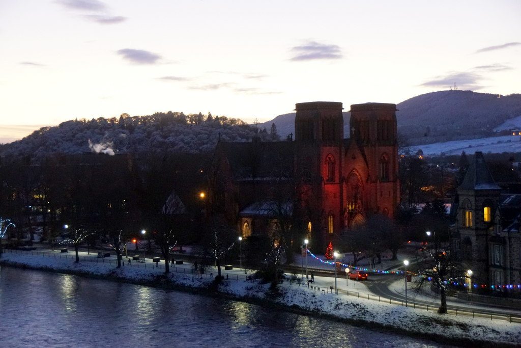 Inverness Cathedral and its twin towers seen from the castle mound above the River Ness