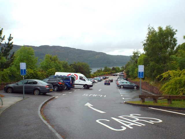 The car park at Urquhart Castle, a single tarmac loop below the A82