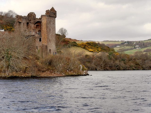 The Grant Tower at Urquhart Castle seen from the water of Loch Ness