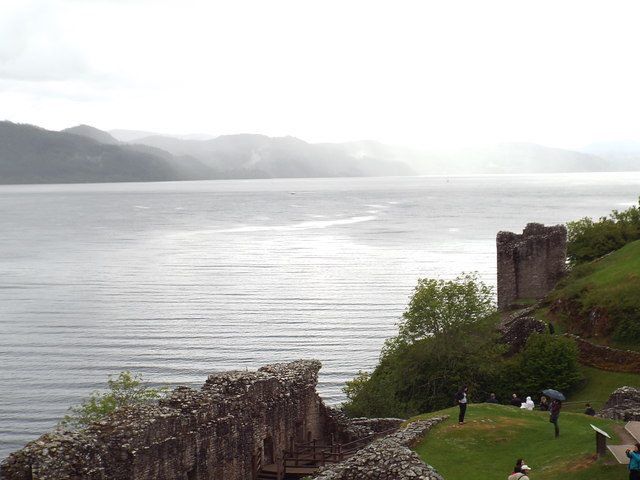 The view down Loch Ness from inside Urquhart Castle on a grey day