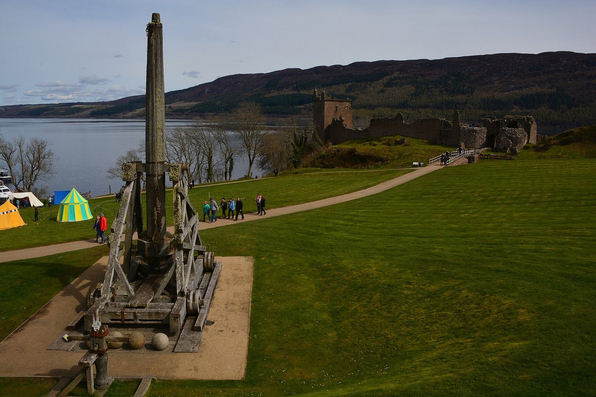 The full-size trebuchet on the lawn above Urquhart Castle